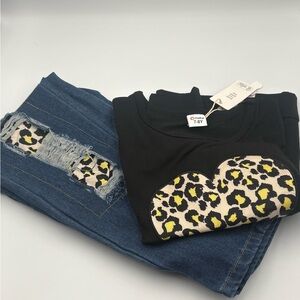 PatPat Girls 2-Piece Set Black Leopard Heart Top & Distressed Jeans Size 7-8Y